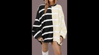 Fisoew Womens Striped Pullover Sweater Crew Neck Long Sleeve Knitted Color Block Casual Loose Lightw [upl. by Mullen]