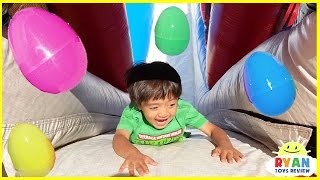 HUGE EGGS SURPRISE TOYS CHALLENGE for kids on inflatable slides [upl. by Fitzgerald]