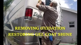 How To REMOVE OXIDATION  RESTORE GEL COAT SHINE FIBERGLASS RV using Meguiars compound polish kit [upl. by Crandale]