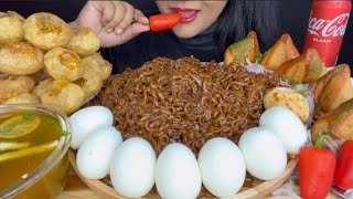 ASMR EATING SPICY BLACK BEAN NOODLESPANIPURISAMOSAEGGS  EATING SHOW FOOD VIDEOS [upl. by Bouldon]