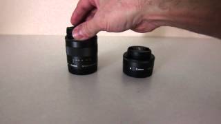 Canon EOS M Kit Lenses EF M 22mm vs EF M 1855mm [upl. by Ojeitak418]