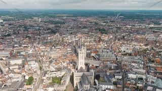 Ghent Belgium Cathedral of Saint Bavo Panorama of the central city from the air Cloudy weather [upl. by Aicul819]