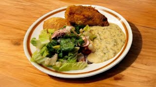 Get ready for a yummy dinner with baked fried chicken mashed potatoes biscuits and a side salad [upl. by Codee]