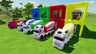 TRANSPORTING COLORED VOLVO CONCRETE MIXER TRUCKSSCANIA LOGISTIC TO GARAGE WITH TRANSPORTER TRUCKS [upl. by Lybis958]