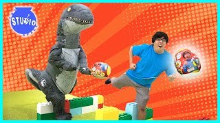 Giant Surprise Eggs Relay Race Dinosaur with Ryan ToysReview Ryans World Toys [upl. by Ayotel]