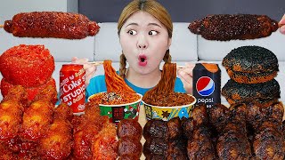 ASMR MUKBANG BLACK RED FOOD SPICY FRIED CHICKEN Challenge by HIU 하이유 [upl. by Ezana801]