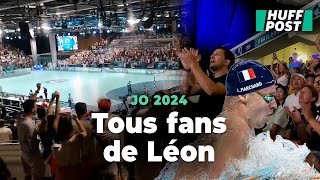 Aux JO de Paris 2024 Léon Marchand et ses médailles fêtées dans toutes les arènes sportives [upl. by Anissej]