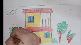 How to Draw a Level House Very Easy Drawing House For Beginners🏠🏡🌳💕💖 [upl. by Farmann]