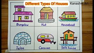 Drawing of Types of Houses for School Project stepbystep easy for kids  Draw Types of Houses [upl. by Enilorac]