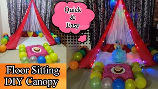 How to make Floor Sitting Canopy Bed l Canopy Birthday Decoration Ideas at Home with Saree l DIY [upl. by Kern]