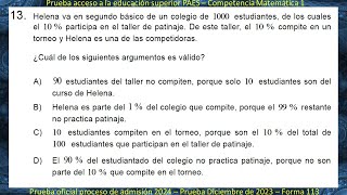 PAES Matemáticas  Pregunta 13  Prueba Proceso de admisión 2024  Rendida Diciembre 2023 [upl. by Ha48]