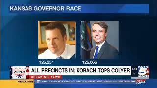 With all precincts reporting Kobach leads Colyer by 191 votes in GOP primary for Kansas governor [upl. by Yecac]