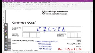 060622FM24  CAMBRIDGE IGCSE ADDITIONAL MATHEMATICS FEBMAR 2024 Paper 22 Part 1 Qns 1 to 5 [upl. by Robers]