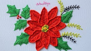 Hand Embroidery Poinsettia flower  Bordado a mano Flor de Nochebuena  ArtesdOlga [upl. by Ahsilra412]