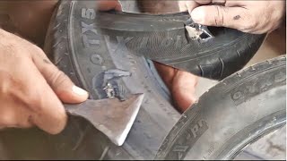 Amazing Technique of Repairing car tupless tire sidewall  repair auto tyre sid cut [upl. by Haden]