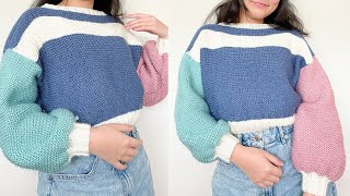 Knit Beginner Cropped Sweater Colorblock Tutorial [upl. by Galanti642]