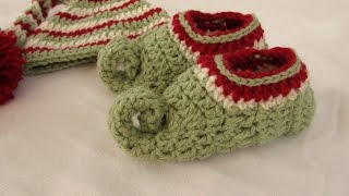 How to crochet childrens elf slippers  boots  shoes  crochet Christmas elf set PART 2 [upl. by Romain]