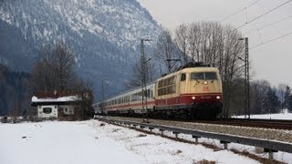 Bahnverkehr in Oberaudorf am 040212 mit Turnuszügen 103 245 TXL Dreier und LoMo 139 Gruß [upl. by Yesnikcm894]