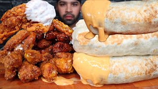 ASMR GIANT BURRITOS WITH CHEESE SAUCE AND CHICKEN WINGS WITH EXTRA RANCH MUKBANG [upl. by Townie]