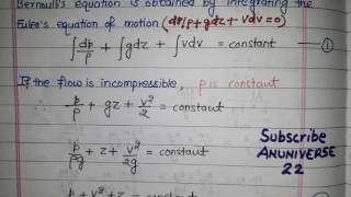 BERNOULLI EQUATION DERIVATION FROM EULER EQUATION OF MOTION  BERNOULLI 1  ANUNIVERSE 22 [upl. by Enilarak387]