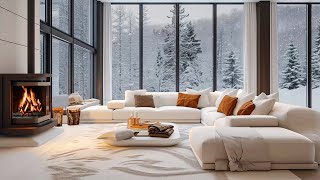 Relaxing White Living Room with Natural Sounds  Fireplace and Snowstorm help you Relieve Stress [upl. by Dominy]