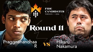 Round 11  Praggnanandhaa R vs Hikaru Nakamura  FIDE Candidates 2024 [upl. by Naanac518]