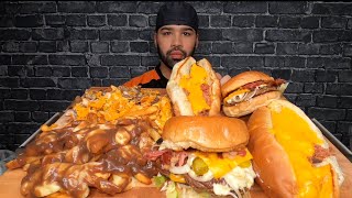 ASMR BACON CHEDDAR BURGER CHEDDAR BACON DOG DORITO DONAIR POUTINE CLASSIC POUTINE MUKBANG [upl. by Marb]