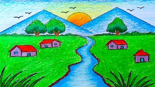 landscape village scenery drawing easy and beautiful step by step [upl. by Eeima]