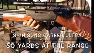 Shin Sung Career Ultra Lever action 357 PCP air rifle at the range 50 yd shots with 4 pellets [upl. by Anaert775]