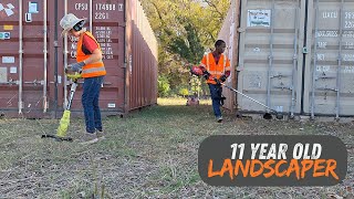 Kid mows neglected shipping container lawn that needed HELP neat overgrown grass PROPERTY Cleanup [upl. by Zoara]