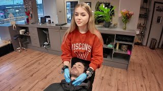 💈Blondie Lady Barber Gives Perfect Beard Trim The Netherlands 🇳🇱 [upl. by Erwin629]