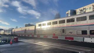 4K Amtrak Coast Starlight with P42DC leader passes 67th Street crossing  Emeryville CA [upl. by Syramad]