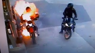 Motorcycle Catches Fire at Petrol Station [upl. by Melissa881]