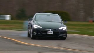 Tesla Model S drifting at the Consumer Reports test track  Consumer Reports [upl. by Nosreve]