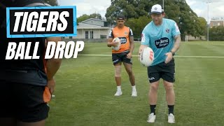 How To Kick A Footy Wests Tigers Ball Drop rugbybricksPeter Breen [upl. by Suirauqed]