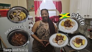 Beef neck bone stew W dumplin and yellow yam W ripe plantain 💯🇯🇲style [upl. by Hacim]