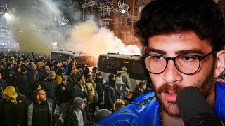 Israeli football fans clash with protesters in Amsterdam  Hasanabi reacts [upl. by Symon]