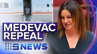 Tearful Jacqui Lambie sides with government to repeal medevac  Nine News Australia [upl. by Atteyram]