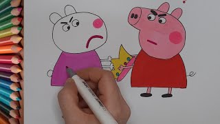 Drawing amp coloring the Quarrel Between Peppa Pig and Suzy Sheephow to draw peppa pig 🐷 and friends [upl. by Robers]