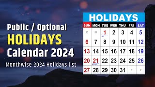 Holidays Calendar 2024  List of Public holidays Government Holidays in 2024 [upl. by Ellinej]