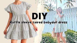 DIY Ruffle sleeve tiered baby doll dress  Beginner friendly sewing tutorial [upl. by Elvyn]