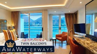 AMA Serena  Twin Balcony Stateroom Tour amp Review 4K  AMA Waterways River Cruise Category BABB [upl. by Blackman]