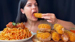 SPAGHETTI MEATBALLS MOZZARELLA STICKS amp SPAGHETTI DONUTS  MUKBANG  ASMR  EATING SOUNDS [upl. by Ottavia454]