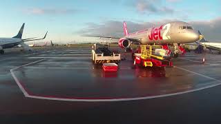 Sunny Morning Apron Bus Ride at Leeds Bradford Airport Leeds West Yorkshire England  12 Aug 2017 [upl. by Ydospahr886]