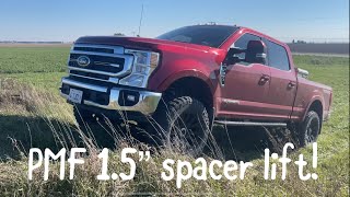 2022 Ford F350 Tremor 15” PMF bottom spacer lift How to and some before and after measurements [upl. by Pinette]