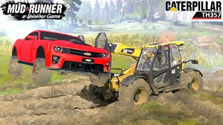 Spintires MudRunner  CAT TH357 Telehandler Moving A Car Stuck In Mud [upl. by Idnal]