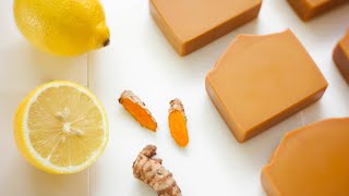 Homemade lemon turmeric soap🍋 Natural cold process soap making w recipe [upl. by Elleinnod]