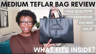 BLACK MEDIUM TELFAR BAG REVIEW  WHAT FITS INSIDE  SHOPPING BAG UNBOXING [upl. by Artimed905]