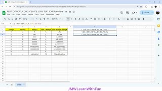 quotREPTquot quotCONCATquot quotCONCATENATEquot quotJOINquot amp quotTEXTJOINquot functions in Google Sheets [upl. by Attenna486]