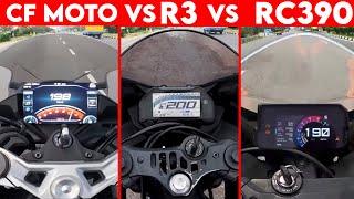 CF MOTO 450SR VS R3 VS RC 390  0 TO 100  TOPSPEED [upl. by Sirovart]